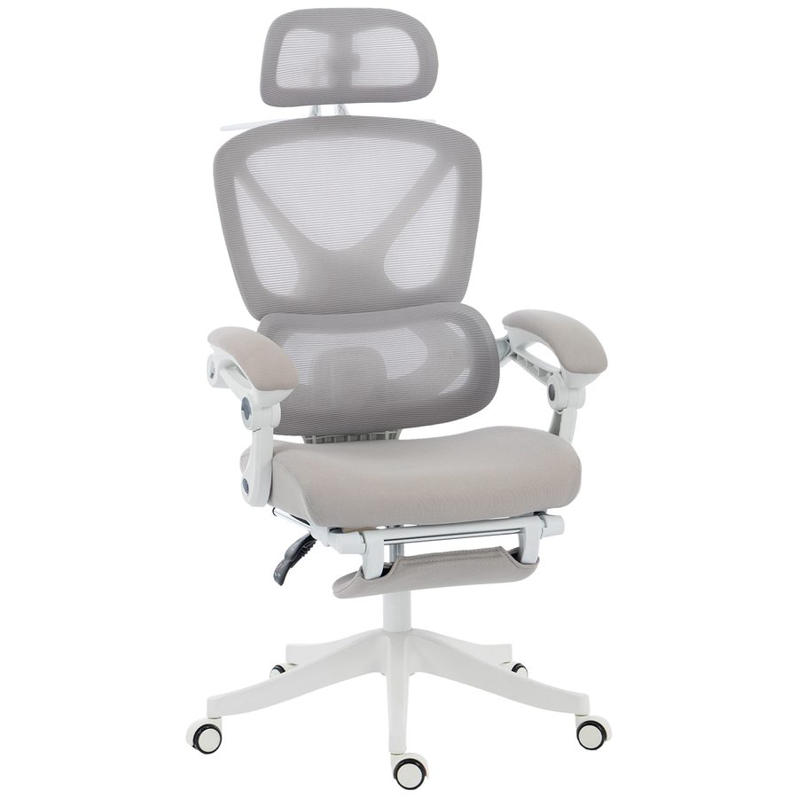 HOMCOM Bürostuhl, Ergonomischer Schreibtischstuhl mit Fußstütze, Wippfunktion Höhenverstellbarer Drehstuhl mit Verstellbar Kopfstütze, Lendenstütze, Armlehne, Netzstoff, Grau   Aosom von HOMCOM
