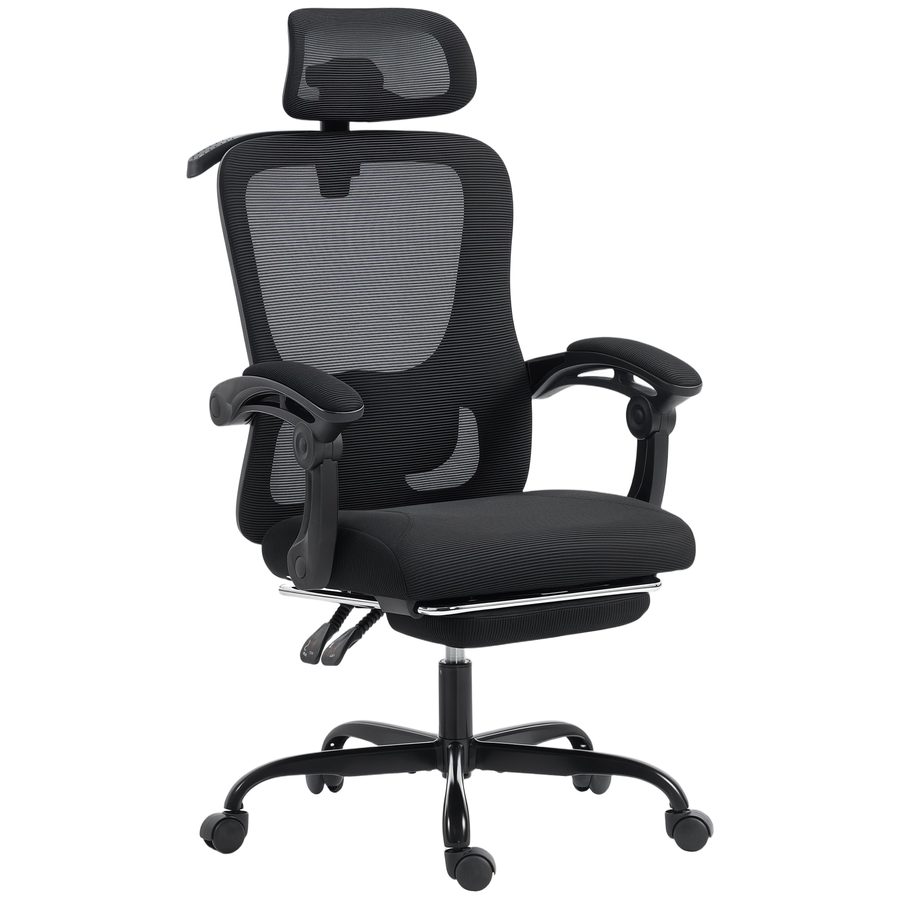 HOMCOM Ergonomischer Bürostuhl, Netzstoff, verstellbare Kopfstütze, höhenverstellbar, neigbare Rückenlehne, Lendenstütze, Wippfunktion, Fußstütze, 360° drehbar, schwarz   Aosom von HOMCOM