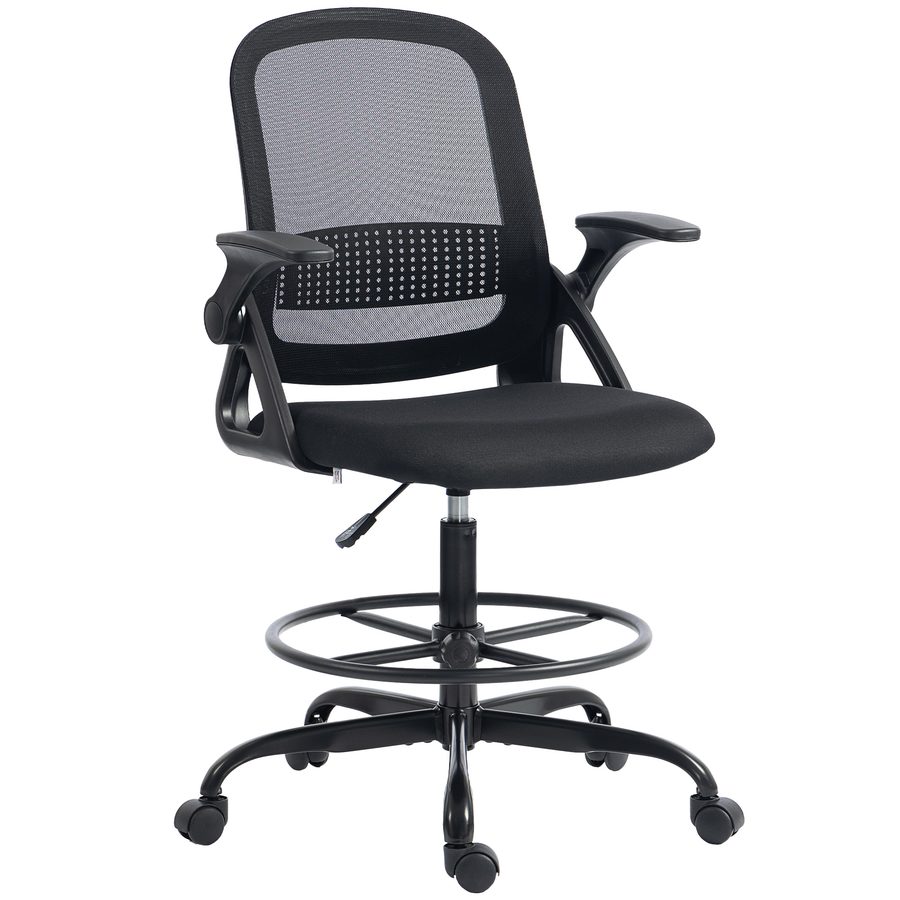 HOMCOM Ergonomischer Bürostuhl, Mesh-Bürostuhl mit klappbaren Armlehnen, höhenverstellbar, Fußstütze, Rollen, für Arbeit oder Studium, Grau   Aosom von HOMCOM