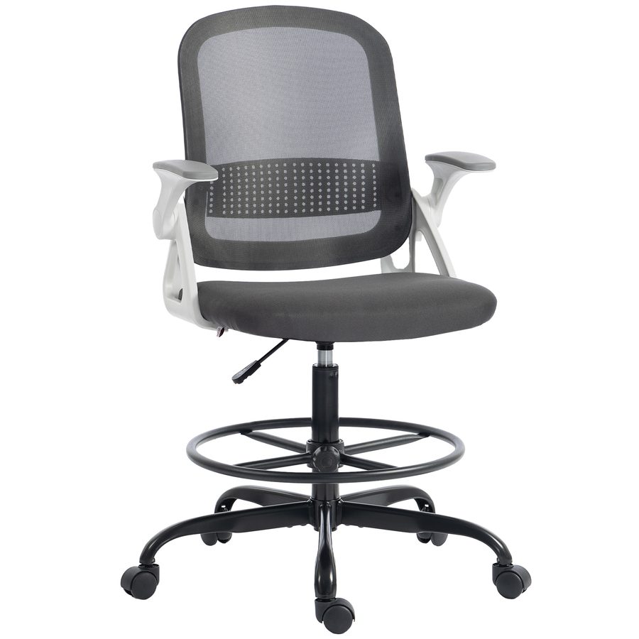 HOMCOM Mesh-Schreibtischstuhl, Zeichenstuhl mit klappbaren Armlehnen, höhenverstellbar, Lendenstütze, Fußstütze, Rollen für Büro, Studio, Grau   Aosom von HOMCOM