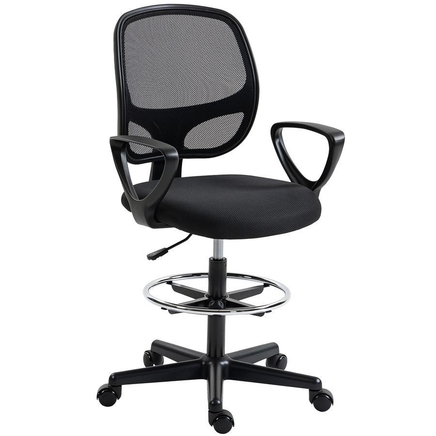 HOMCOM ergonomischer Bürostuhl, Bürodrehstuhl mit Fußring und Armlehnen, Mesh‑Zeichenstuhl, höhenverstellbar, Lendenstütze, 360° drehbar, für Studio & Home‑Office, schwarz   Aosom von HOMCOM