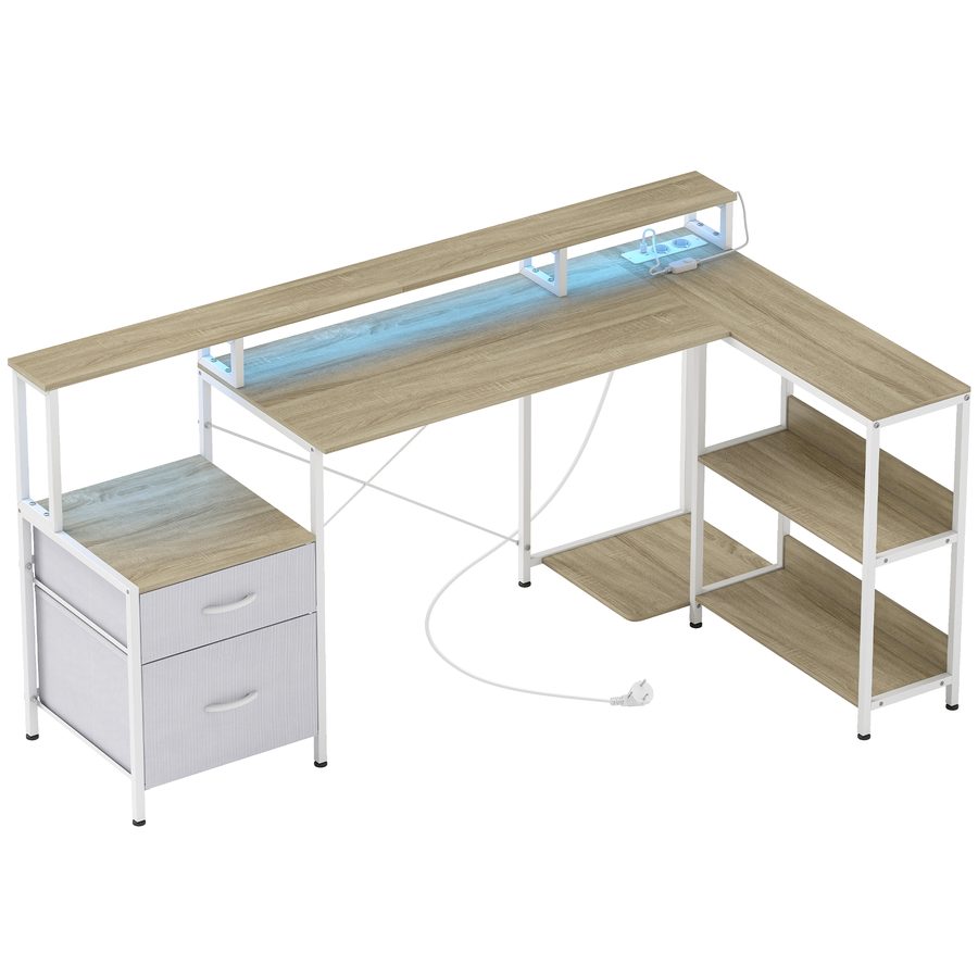 HOMCOM Eckschreibtisch mit Steckdosen und RGB-LED, Computertisch 172x100 cm, Monitorhalter, 2 Stoffschubladen, Druckerablage, Schreibtisch für Schlafzimmer oder Arbeitszimmer, Weiß   Aosom von HOMCOM