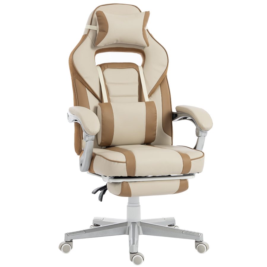 HOMCOM Gaming-Stuhl, neigbar und höhenverstellbar, mit ausziehbarer Fußstütze, Lendenstütze und abnehmbarem Nackenkissen, für Büro/Arbeitszimmer, Creme   Aosom von HOMCOM