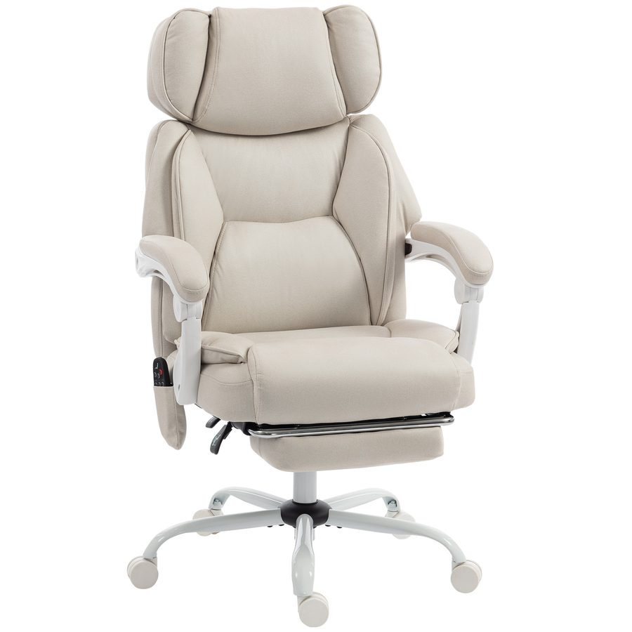 HOMCOM Bürostuhl mit Massagefunktion, Ergonomisch Schreibtischstuhl mit Liege- & Wärmefunktion, Verstellbarer Kopfstütze, Höhenverstellbar Drehstuhl mit Lordosenstütze, Kunstleder Cremeweiß   Aosom von HOMCOM