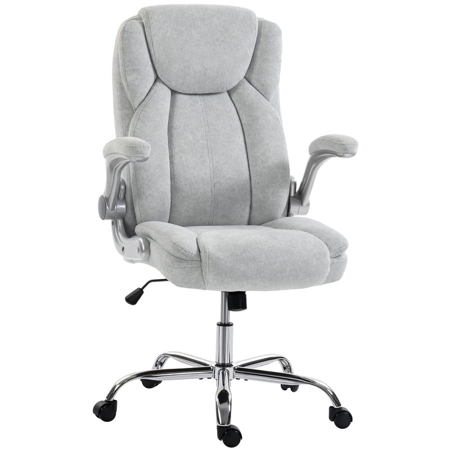 HOMCOM Ergonomischer Bürostuhl mit klappbaren, gepolsterten Armlehnen, gepolsterter Drehstuhl aus bedrucktem Samt, Wippfunktion, Mehrkissen, hoher Rücken, höhenverstellbar, Creme   Aosom von HOMCOM