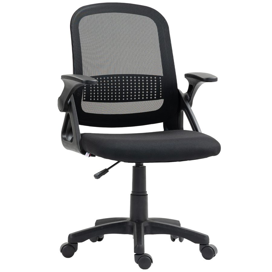 HOMCOM Bürostuhl Ergonomischer Schreibtischstuhl mit aufklappbarer Armlehne, Lendenwirbelstütze Höhenverstellbarer Drehstuhl mit Wippfunktion, Netzbespannung, Computerstuhl für Homeoffice Schwarz   Aosom von HOMCOM