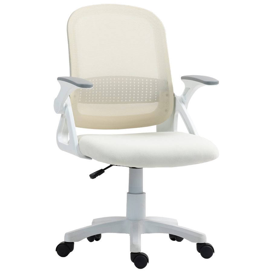 HOMCOM Bürostuhl Ergonomischer Schreibtischstuhl mit aufklappbarer Armlehne, Lendenwirbelstütze Höhenverstellbarer Drehstuhl mit Wippfunktion, Netzbespannung, Computerstuhl für Homeoffice Weiß   Aosom von HOMCOM
