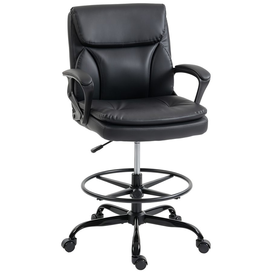 HOMCOM Hoher Schreibtischstuhl, Ergonomischer Zeichenstuhl mit verstellbarem Fußring, Höhenverstellung, Rollen, PVC-Bezug für Büro, Studio, Schwarz   Aosom von HOMCOM
