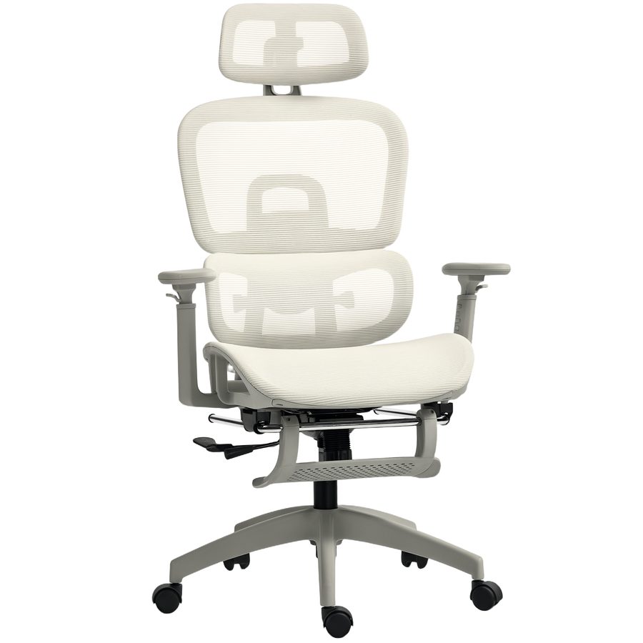 HOMCOM Ergonomischer Mesh-Bürostuhl, 3D-Armlehnen, bis 135° verstellbar, verstellbare Kopfstütze, hohe Rückenlehne, Lendenstütze, Fußstütze, höhenverstellbar, Beige   Aosom von HOMCOM