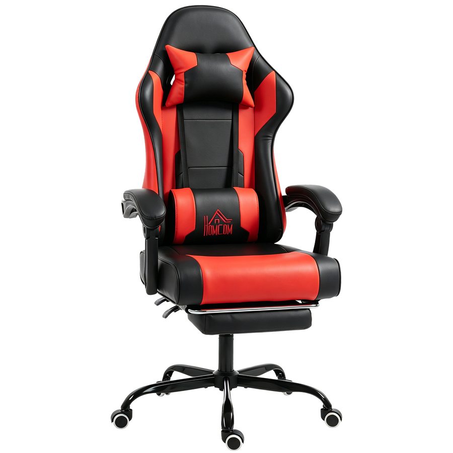 HOMCOM Ergonomischer Gaming-Stuhl, Gaming-Chair mit vibrierender Lendenmassage, bis 155° verstellbar, höhenverstellbar, Nackenkissen und ausziehbare Fußstütze, für Büro, Arbeitszimmer, Rot   Aosom von HOMCOM