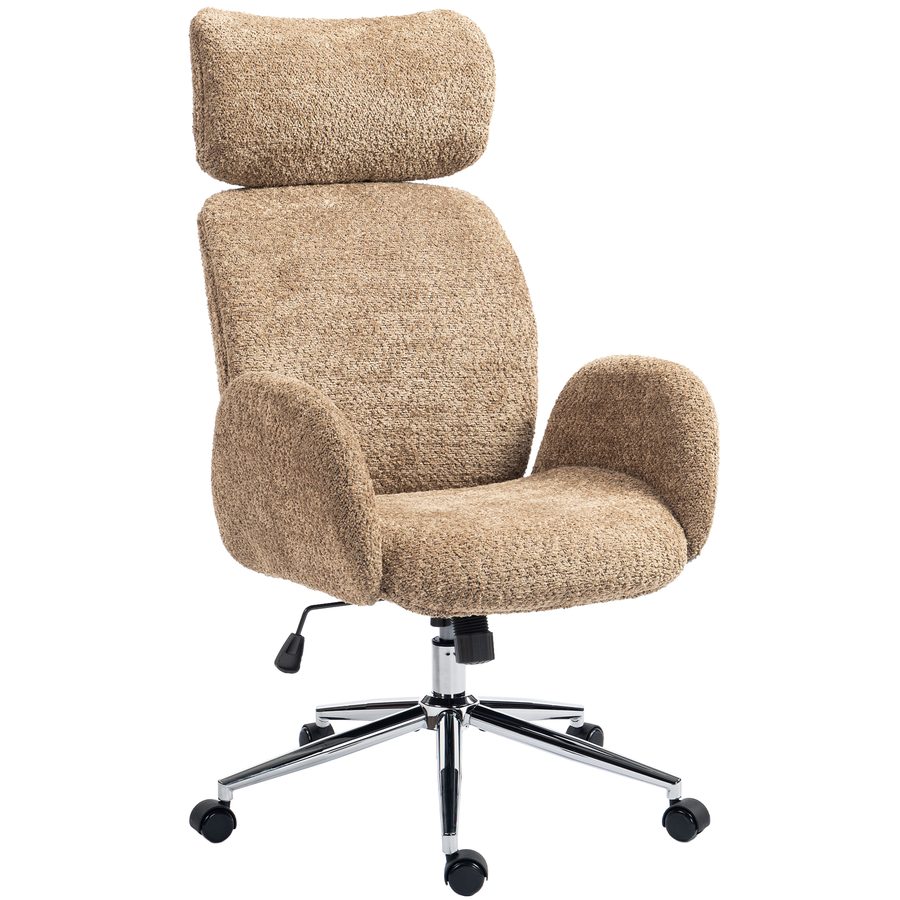 HOMCOM Schreibtischstuhl Homeoffice Stuhl mit Armlehne, verstellbarer Kopfstütze, höhenverstellbarer Drehstuhl mit Wippfunktion, Bouclé-Optik, Bürostuhl für Schlafzimmer, Arbeitszimmer, Braun   Aosom von HOMCOM