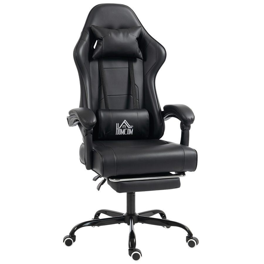 HOMCOM Ergonomischer Gaming-Stuhl, Gaming-Sessel mit massierendem Lendenkissen, neigbare Rückenlehne, höhenverstellbar, Fußstütze, Kopfstütze, 63 x 66 x 126-134 cm, schwarz   Aosom von HOMCOM