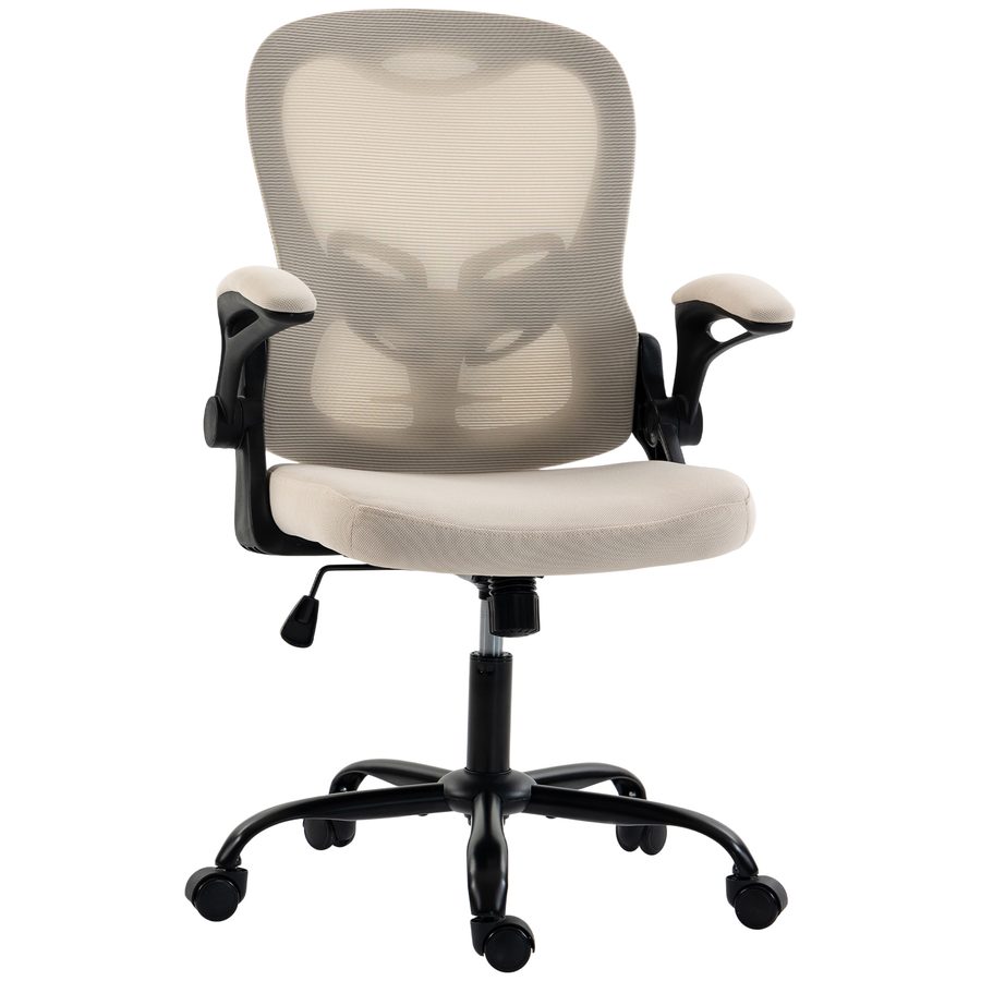 HOMCOM Ergonomischer Bürostuhl mit hochklappbaren Armlehnen, Mesh-Bürostuhl mit höhenverstellbarem Sitz, halbhohe Rückenlehne, Wippfunktion, 360° drehbar, Beige   Aosom von HOMCOM