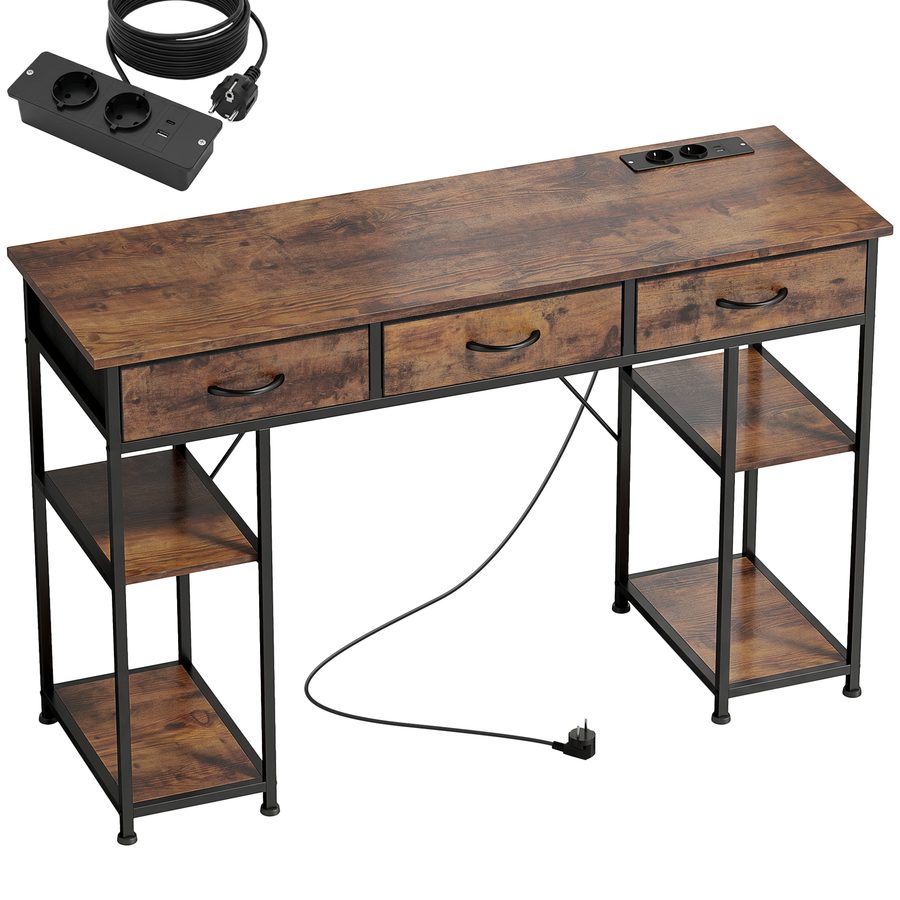 HOMCOM Computertisch mit 2 USB-Ladeanschlüssen und 2 Steckdosen, Schreibtisch mit Stauraum 120 x 40 cm, verstellbare Regale und 3 Stoffschubladen, Arbeitsplatz, Stahlrahmen, braun   Aosom von HOMCOM