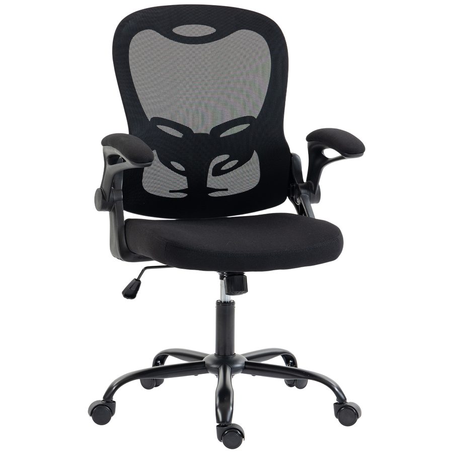 HOMCOM Ergonomischer Bürostuhl mit klappbaren Armlehnen, Mesh-Bürostuhl mit Höhenverstellung, mittelhohe Rückenlehne, Wippfunktion, 360° drehbar, Schwarz   Aosom von HOMCOM