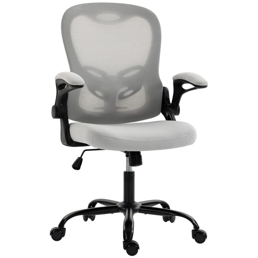 HOMCOM Ergonomischer Bürostuhl mit klappbaren Armlehnen, Mesh-Bürosessel mit höhenverstellbarem Sitz, mittelhoher Rücken, Wippfunktion, 360° drehbar, Hellgrau   Aosom von HOMCOM