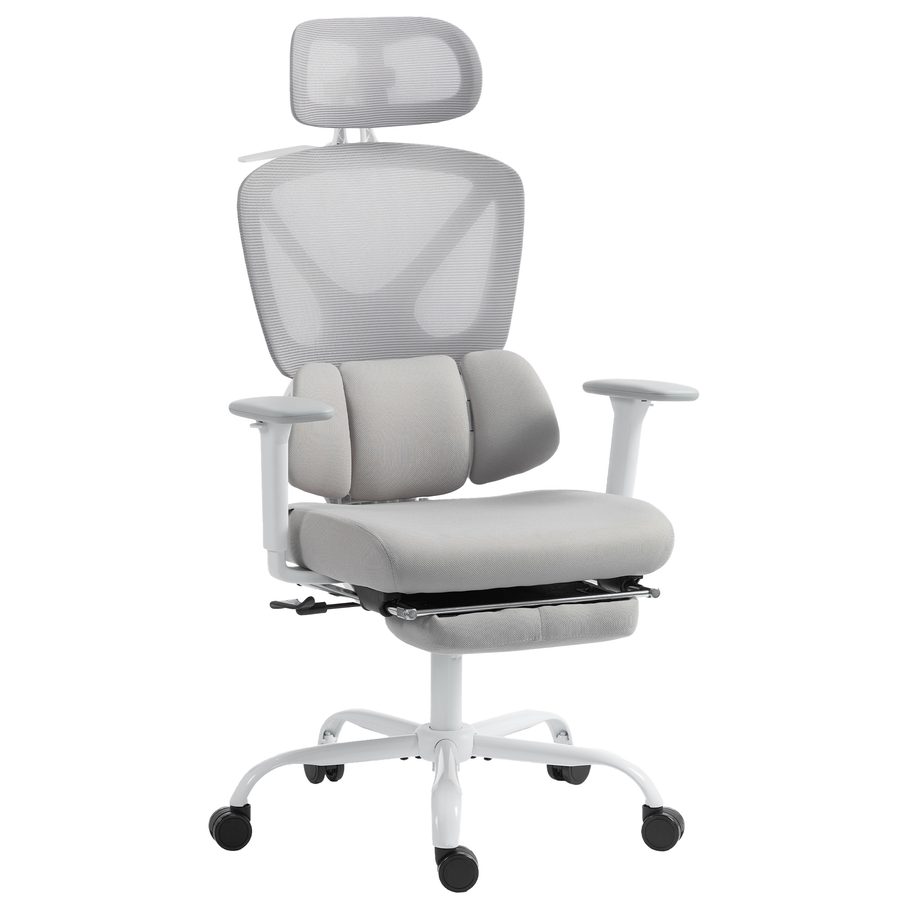 HOMCOM Ergonomischer Bürostuhl, Bürosessel mit adaptiv-dynamischer Lendenstütze, 3D-Armlehnen, neigbarer Rücken, höhenverstellbar und mit Kopfstütze, Fußstütze, 360° drehbar, grau   Aosom von HOMCOM