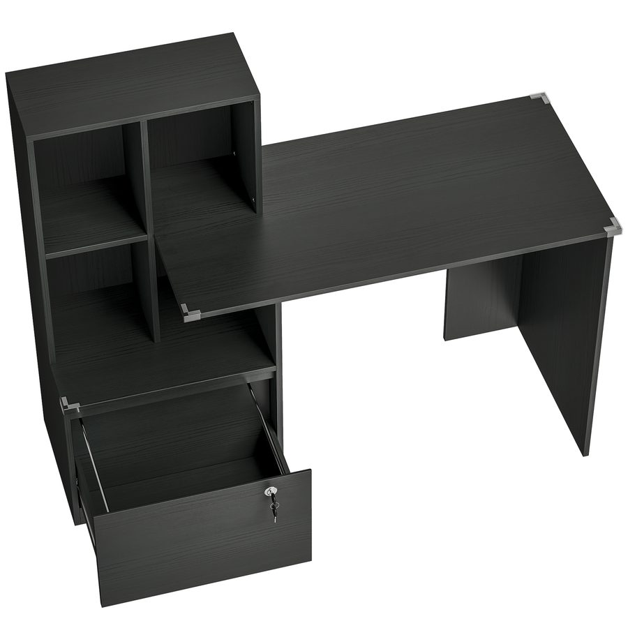 HOMCOM Schreibtisch mit Regal 4 Fächer und abschließbarer Hängeregister-Schublade, Stoßschutzpolster, Schreibtisch für Schlafzimmer, Arbeitszimmer, 126x50x109cm, schwarz   Aosom von HOMCOM