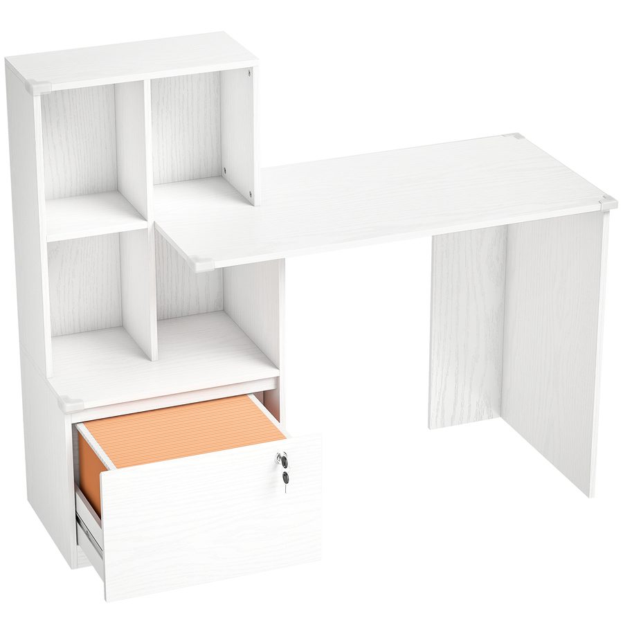 HOMCOM Computerschreibtisch mit 4-Fächer-Regal und abschließbarer Hängeregistraturschublade, Eck-Stoßdämpfer, Schreibtisch für Schlafzimmer/Arbeitszimmer, 126x50x109cm, weiße Holzmaserung   Aosom von HOMCOM