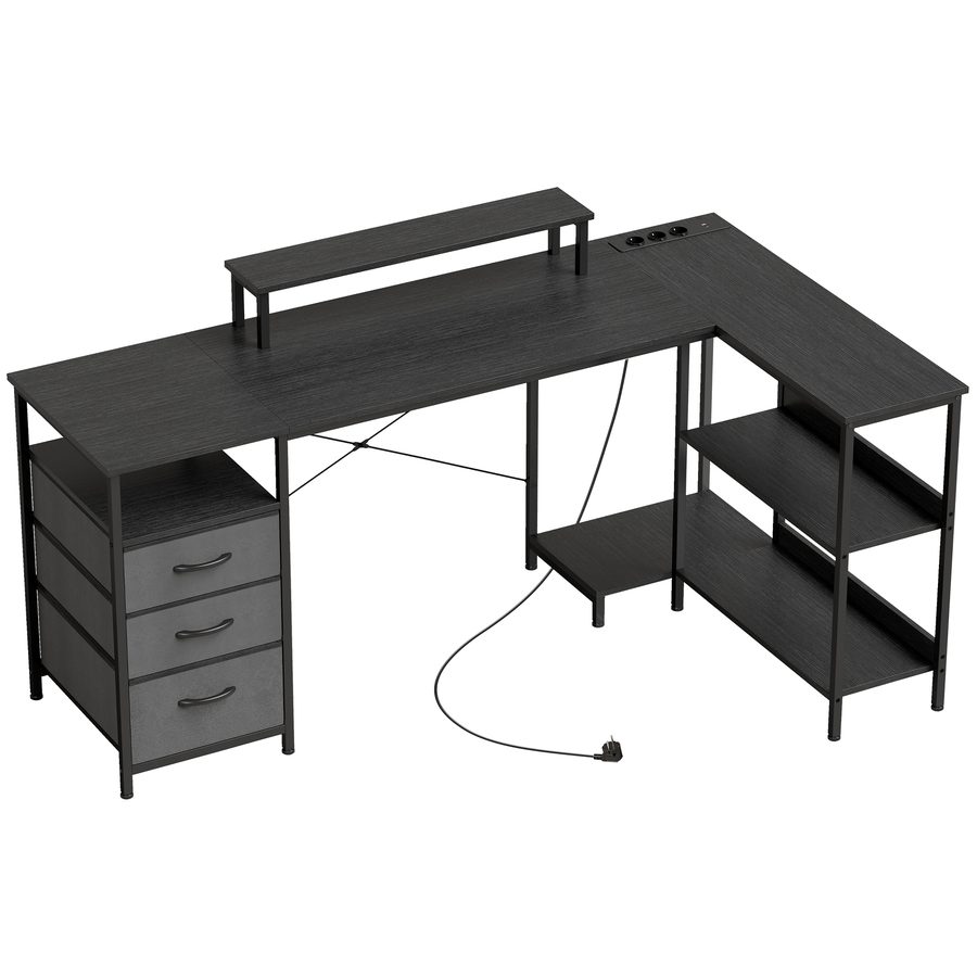 HOMCOM Schreibtisch L Form mit Steckdosen, Umkehrbar Computertisch mit Regal, Schubladen, Monitorständer, Eckschreibtisch Gaming Tisch für Büro, Schlafzimmer, 170 x 100 x 91 cm, Schwarz   Aosom von HOMCOM
