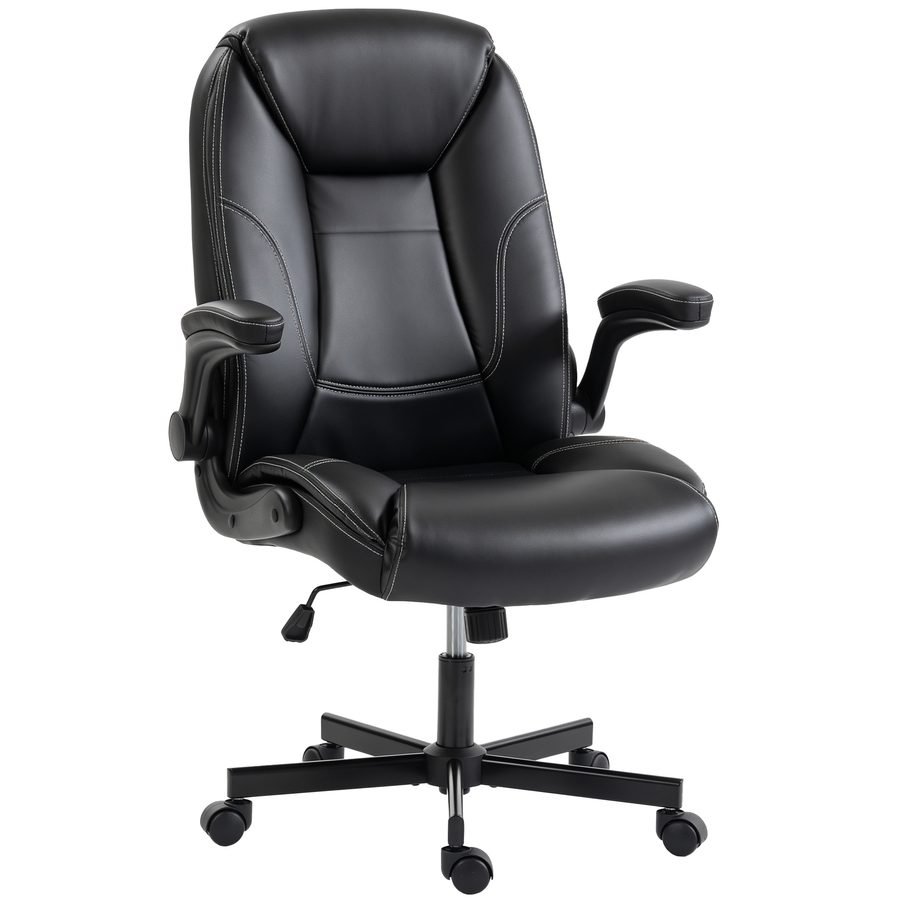 HOMCOM Ergonomischer Bürostuhl, PU-Sessel, hochklappbare Armlehnen, zonierter Sitz & Rücken, höhenverstellbar, Wippfunktion, 360° drehbar, Schwarz   Aosom von HOMCOM