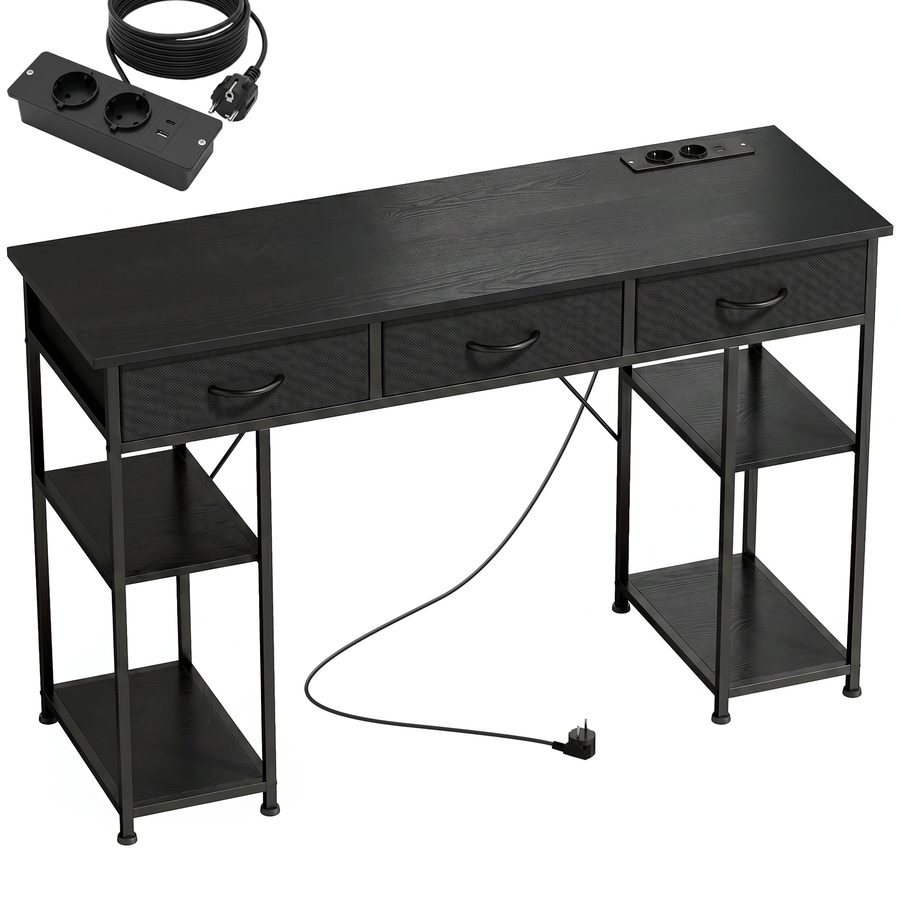 HOMCOM Computer-Schreibtisch mit 2 USB-Ladeanschlüssen und 2 Steckdosen, Schreibtisch mit Stauraum 120 x 40 cm, verstellbare Regale und 3 Stoffschubladen, Arbeitsplatz, Stahlgestell, schwarz   Aosom von HOMCOM