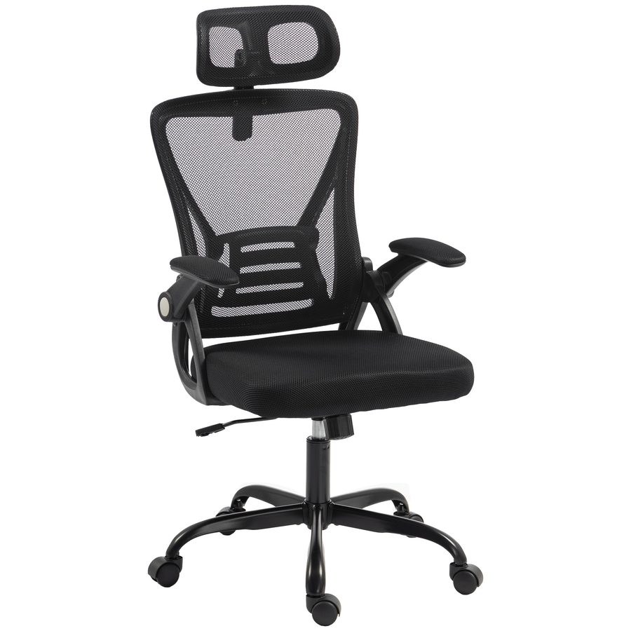 HOMCOM Ergonomischer Bürostuhl mit klappbaren Armlehnen, gepolsterter Drehstuhl mit verstellbarer Kopfstütze und Sitzhöhe, Wippfunktion, atmungsaktives Netz, Schwarz   Aosom von HOMCOM