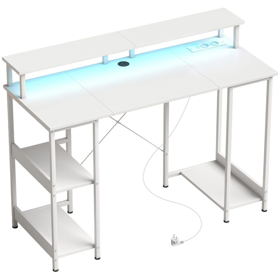 HOMCOM Wendbarer Computerschreibtisch mit Ablagen, 120x50 cm Büroschreibtisch mit Steckdosen und LED-Lichtern, PC-Tisch mit doppelter Monitorablage, Weiß   Aosom von HOMCOM