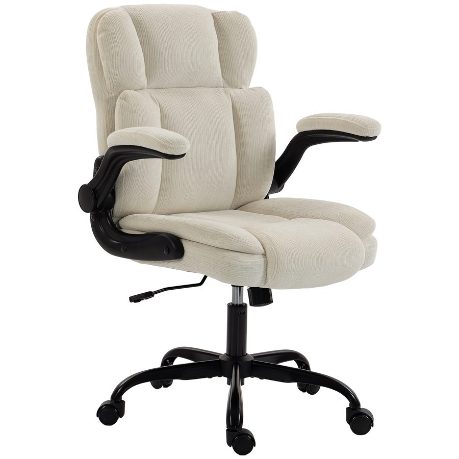 HOMCOM Ergonomischer Bürostuhl aus Chenille, klappbare Armlehnen - Bürosessel, Wippfunktion, höhenverstellbar, ohrenförmige Rückenlehne, 360° Rollen - für Wohnzimmer, Zuhause, Büro, Beige   Aosom von HOMCOM