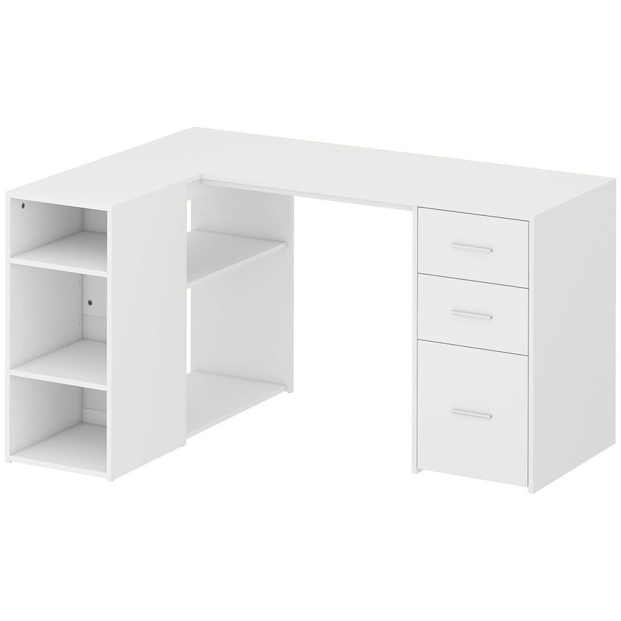 HOMCOM Eckschreibtisch 140x100x75cm, 3 Schubladen davon 1 für Dokumente Letter/Legal/A4 - L-förmiger Computer-Schreibtisch, 5 offene Fächer, verstellbare Regalböden - Schreibtisch fürs Zuhause/Schlafzimmer, Weiß   Aosom von HOMCOM