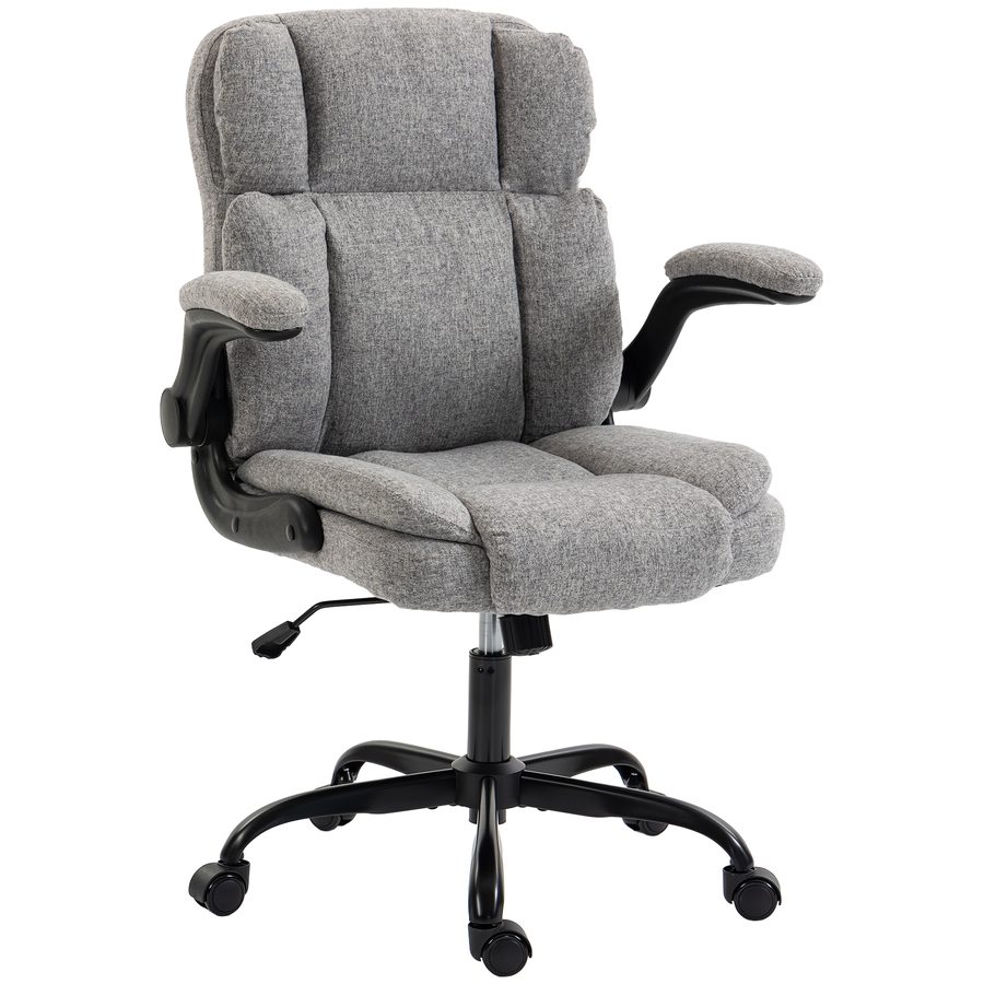 HOMCOM Ergonomischer Bürostuhl mit klappbaren Armlehnen, Drehbarer Schreibtischstuhl in Leinenoptik-Stoff, Höhenverstellbar, Schaukelfunktion, Tragfähigkeit 120 kg, Grau   Aosom von HOMCOM