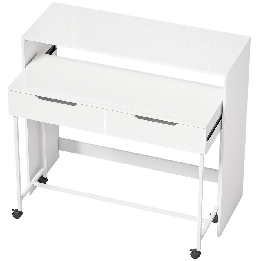 HOMCOM Ausziehbarer Computertisch 100 cm mit 2 Schubladen, Schreibtisch mit Stauraum, Rollen, Modernes Design, Edelstahlfüße, Arbeitstisch für Wohnzimmer, Zuhause, Kleine Räume, Weiß   Aosom von HOMCOM