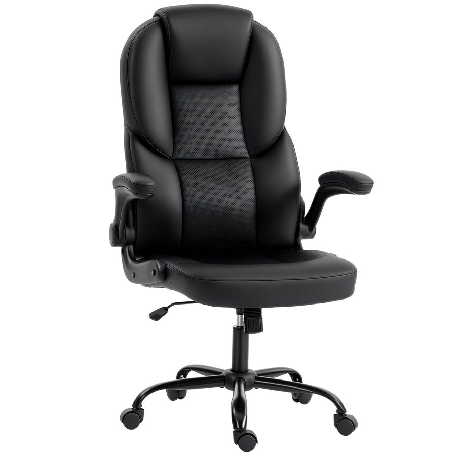 HOMCOM Ergonomischer Bürostuhl mit gepolsterten, klappbaren Armlehnen und hoher, atmungsaktiver, geschwungener Rückenlehne, gepolsterter drehbarer PU-Ledersitz, Wippfunktion, höhenverstellbar, Schwarz   Aosom von HOMCOM
