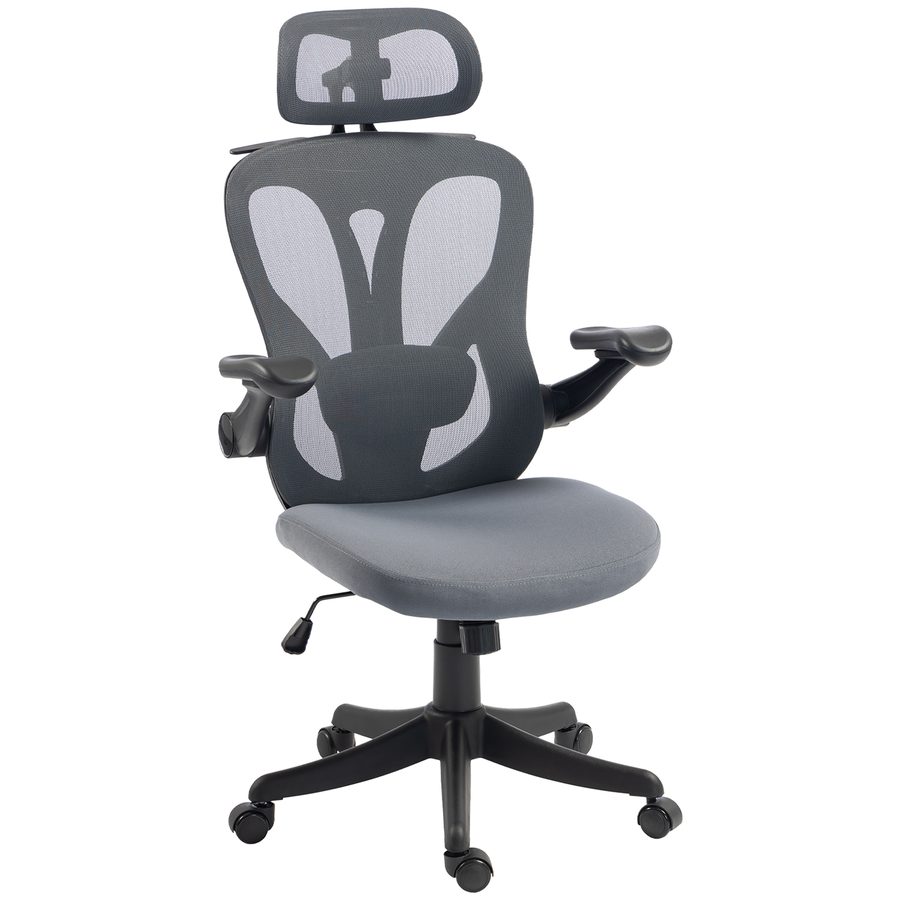 HOMCOM Ergonomischer Bürostuhl, 3D klappbare Armlehnen, 2D Kopfstütze, Gepolsterter drehbarer Schreibtischstuhl, Kleiderhaken, Höhenverstellbar, Wippfunktion, Atmungsaktives Netz, Dunkelgrau   Aosom von HOMCOM