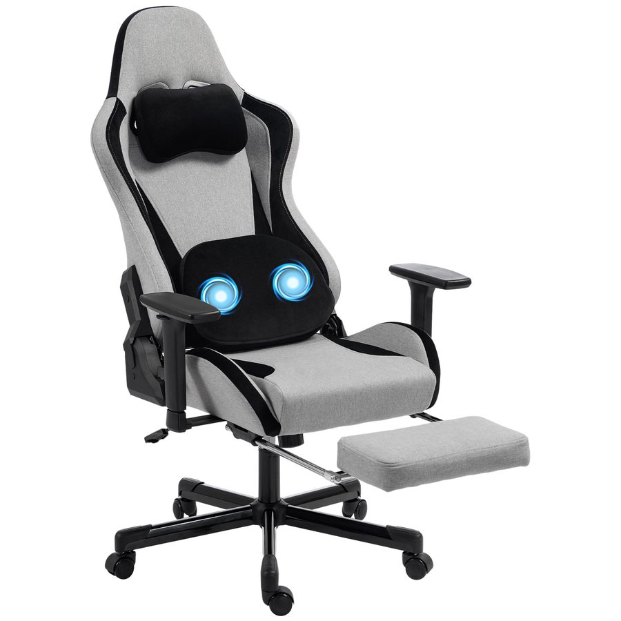 HOMCOM Ergonomischer Gaming-Stuhl mit Massage und beheiztem Lendenkissen, Leinenoptik-Stoff, 4D-Armlehnen, Kopfstütze, ausziehbare Fußstütze, Taschenfeder-Sitz, Drehbar, Hohe Rückenlehne, Grau   Aosom von HOMCOM