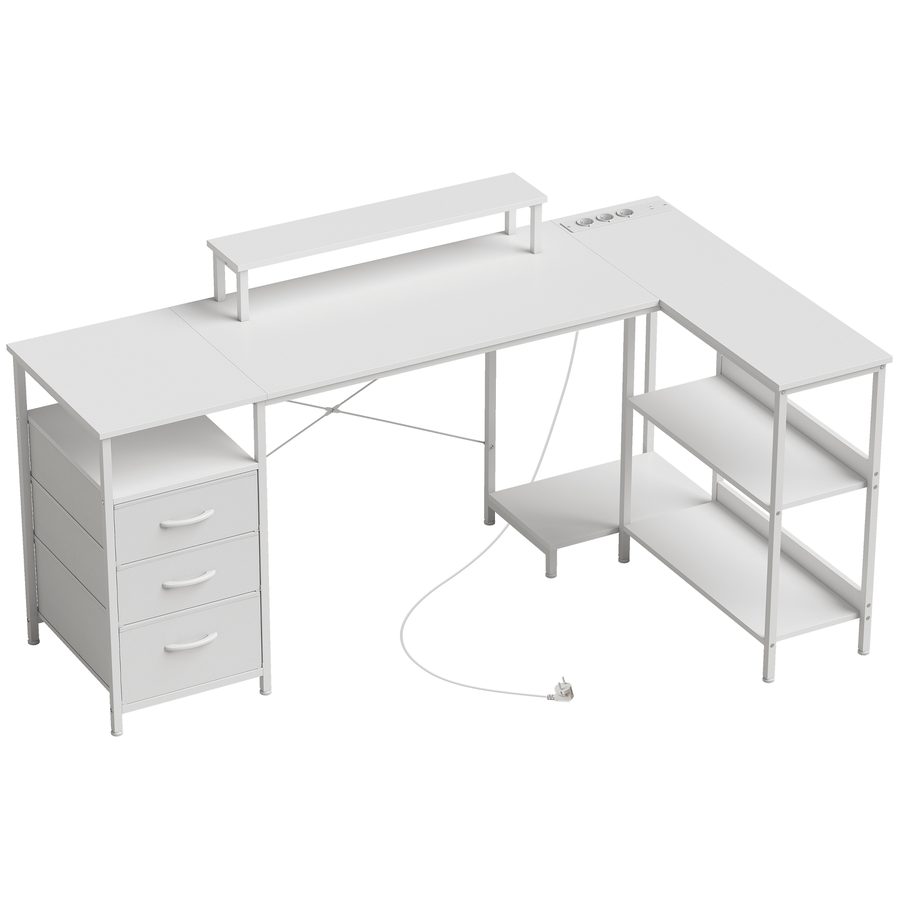 HOMCOM L-Eckschreibtisch mit Steckdosen, 170x100 cm, mit Stoffschubladen, Monitorständer & Ablagen, PC-Tisch für Büro und Homeoffice, Weiß   Aosom von HOMCOM