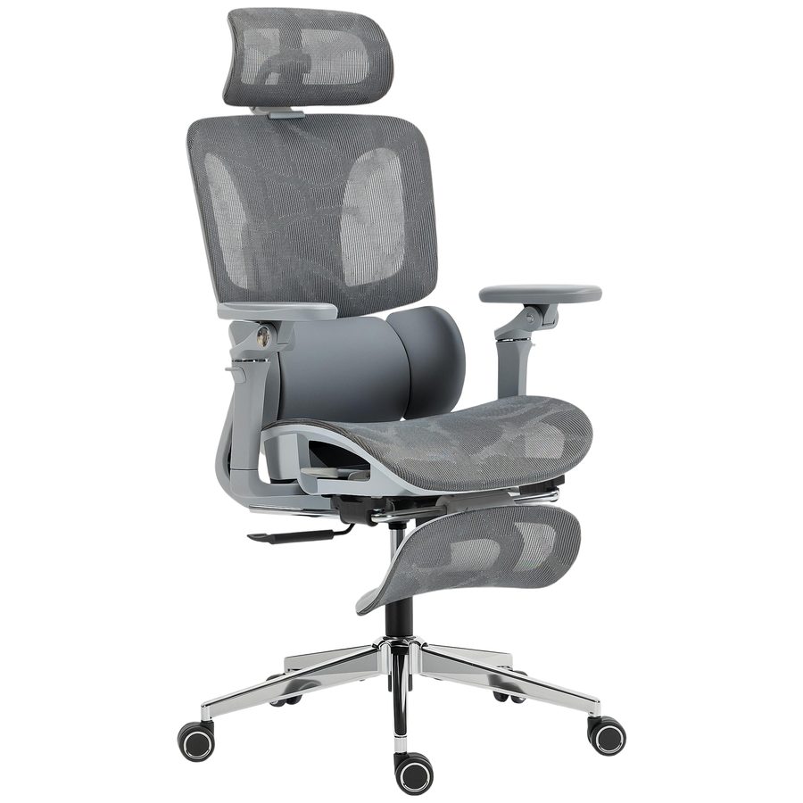 HOMCOM Ergonomischer Bürostuhl mit 6D-Armlehnen, Kopfstütze und verstellbarer Sitztiefe - Mesh, neigbar, höhenverstellbar, Lendenstütze, Fußstütze, Grau   Aosom von HOMCOM