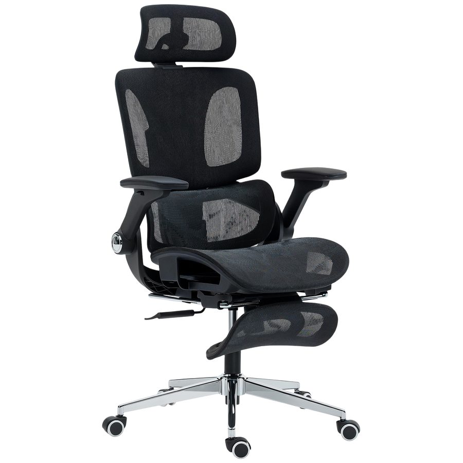 HOMCOM Ergonomischer Bürostuhl mit 4D-Armlehnen, verstellbarer Kopfstütze & Sitztiefe, Netz, neigbar, höhenverstellbar, Lendenstütze, Fußstütze, Schwarz   Aosom von HOMCOM