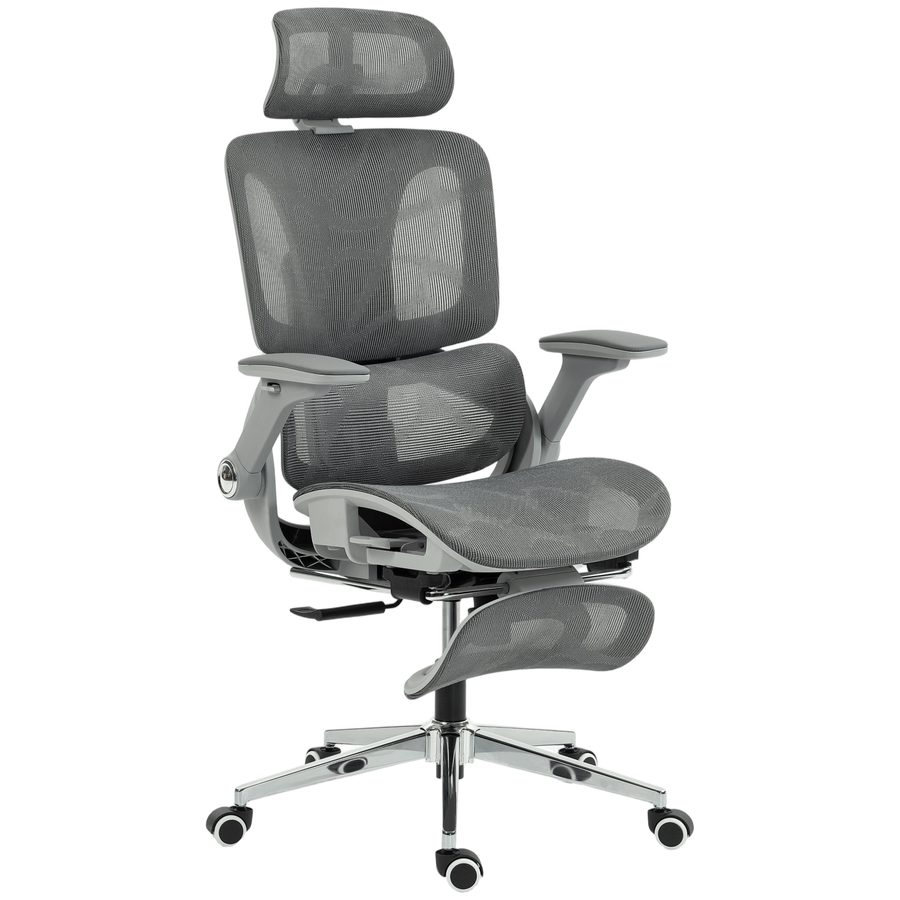 HOMCOM Ergonomischer Bürostuhl, Hoher Mesh-Rücken mit separater Rückenlehne, 4D klappbare Armlehnen, verstellbare Kopfstütze, Lendenstütze und Sitztiefe, Fußstütze für Homeoffice, Grau   Aosom von HOMCOM
