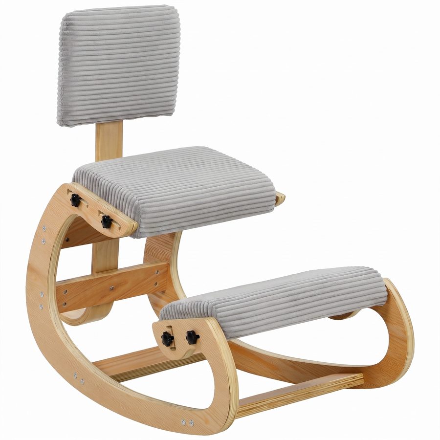 HOMCOM Ergonomischer Kniestuhl mit Rückenlehne, Gepolsterter Wipp-Kniersitz aus Cordvelours, Breite Knierauflage, Orthopädischer Holz-Bürohocker, Haltungskorrektor, Hellgrau   Aosom von HOMCOM
