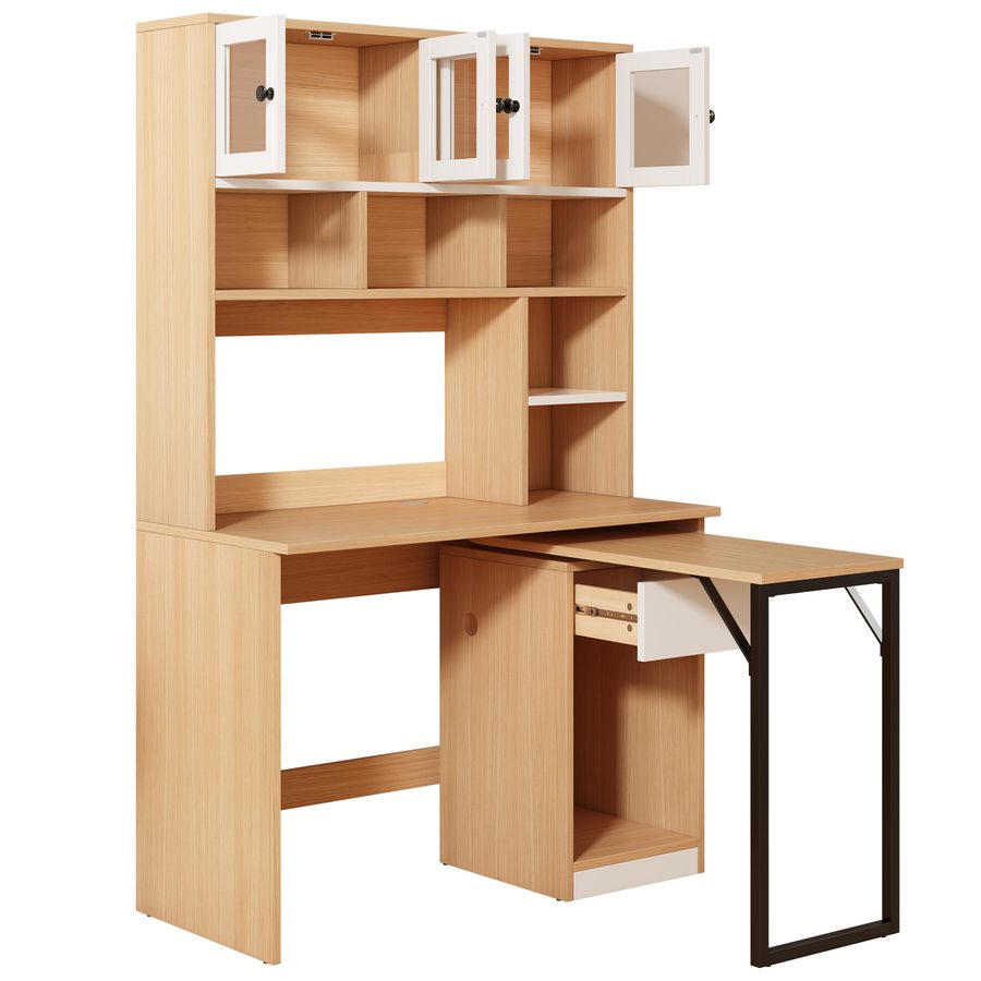 Computertisch drehbar compact mit Regal und Schrank 110x55cm Stauraum Naturfarbe+Weiß   Aosom.de