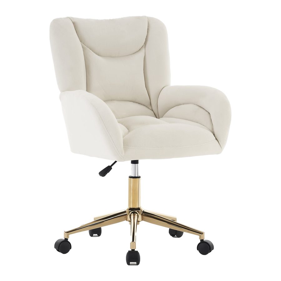 Höhenverstellbarer Drehstuhl, Samtstoff und goldenen Beinen, ergonomischem Design, für Büro, Schlafzimmer, 62x64x88-97 cm, Elfenbein