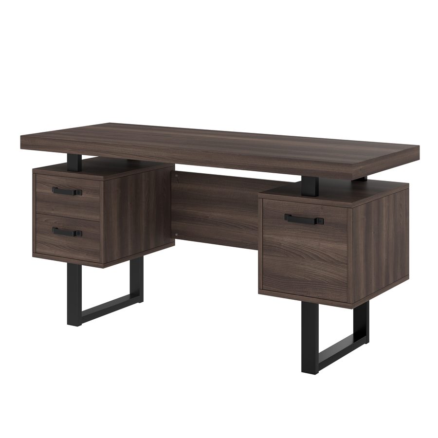 Einfacher Büroschreibtisch mit Schubladen, MDF und hochwertiges Stahlrohr, geräumige Schreibtischplatte, effiziente Aufbewahrung, 135x54x76 cm, Schwarz + Braun