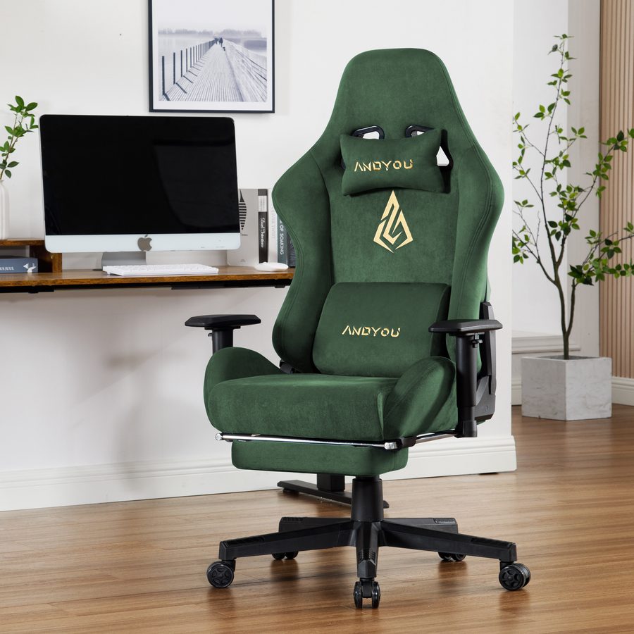 ANDYOU Breathable Gaming Chair with Footrest, Adjustable and Rotating, Green