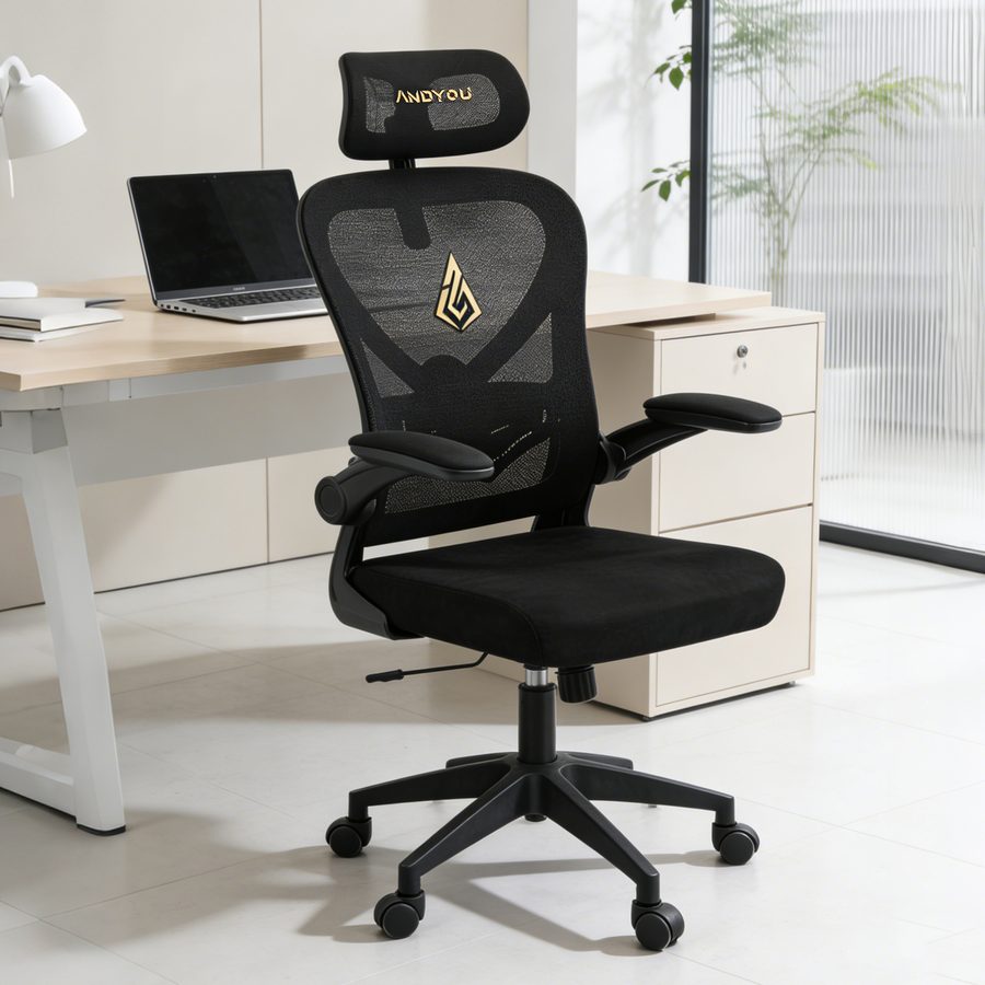 ANDYOU Faux Fur+ Mesh Office Chair , rotating rocker function, Black