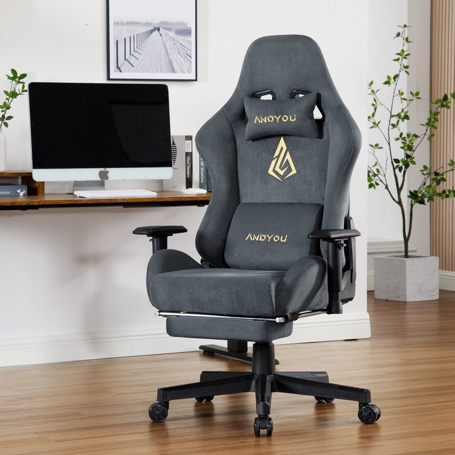 ANDYOU Breathable Gaming Chair with Footrest, Adjustable and Rotating, Grey