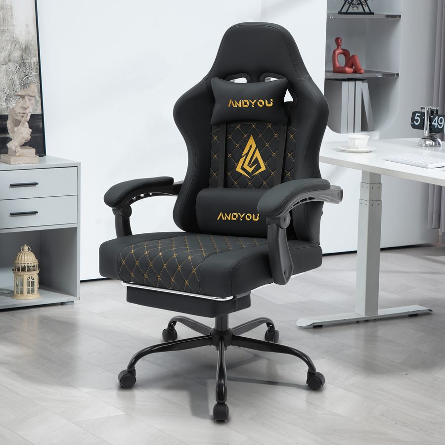 ANDYOU Ergonomic PU Leather Racing Style Gaming Chair - Comfortable and Adjustable, Black
