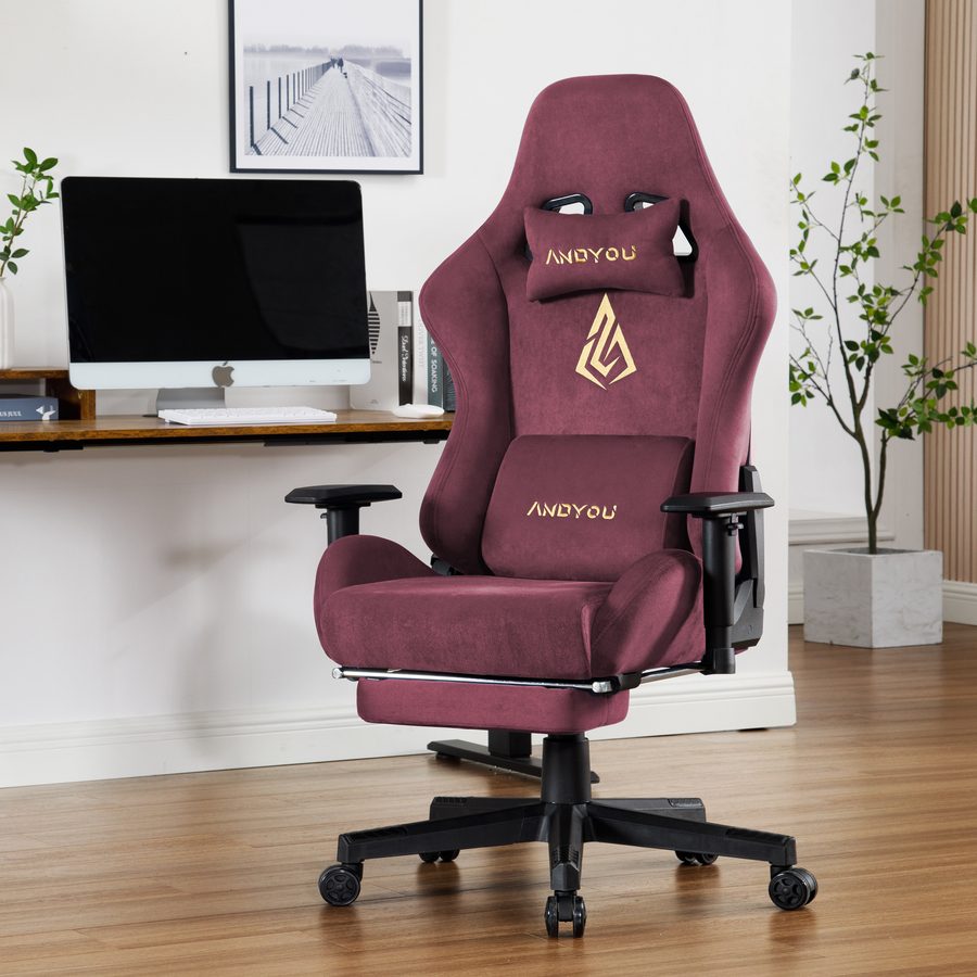 ANDYOU Breathable Gaming Chair with Footrest, Adjustable and Rotating, Red