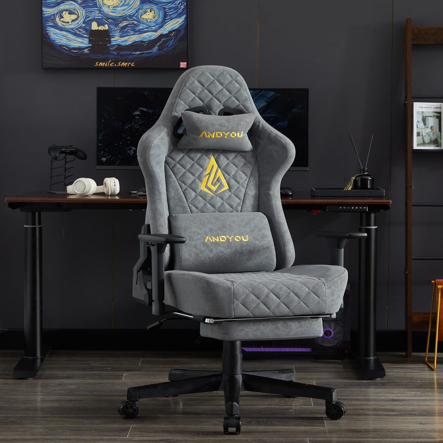 ANDYOU Vintage PU Leather Ergonomic Gaming Chair.Grey