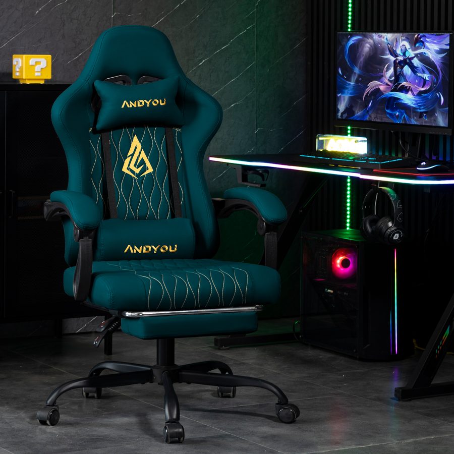 ANDYOU Series Gaming Chair with Footrest – Ergonomic PU Leather Computer Chair, NAVY